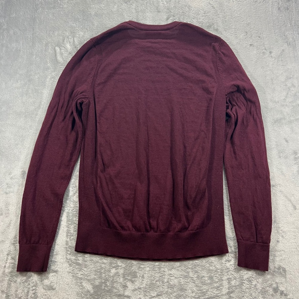 EXPRESS Crewneck Sweater Mens Medium Burgundy Maroon 100 Merino Wool .5" Hole - Picture 3 of 16